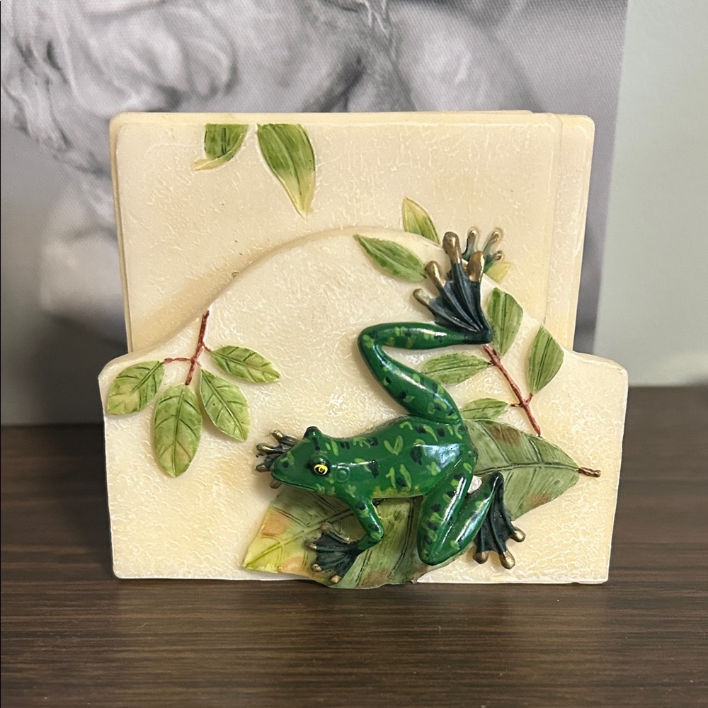 Vintage 5 Piece Handpainted Stone Frog Coaster Set Of 4 Cork Back With Stand